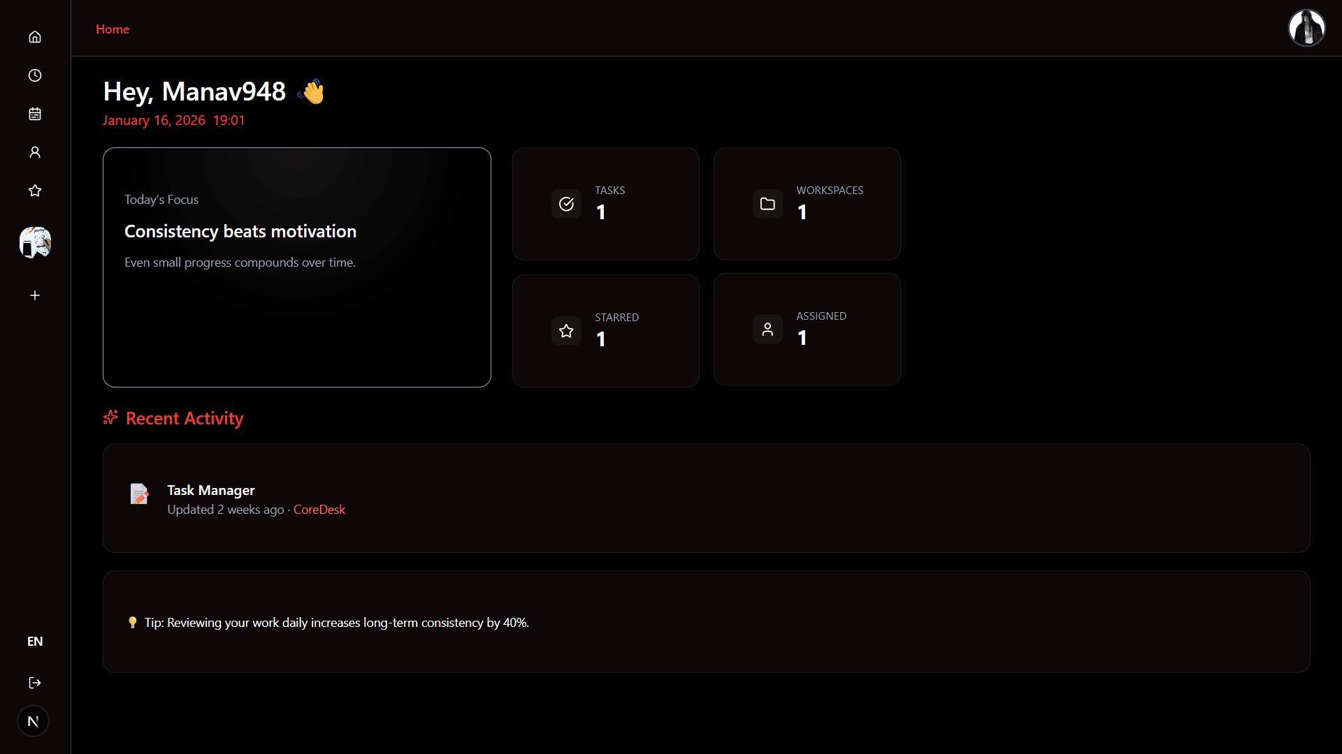 Home page - dark theme