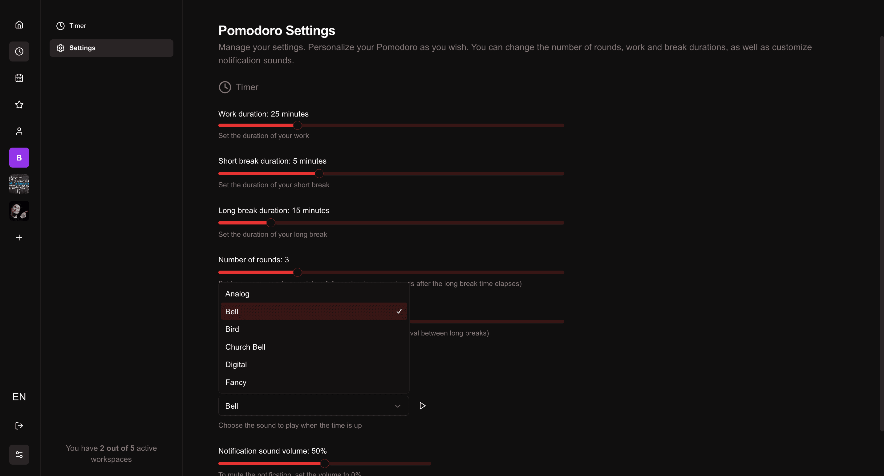 Pomodoro settings page - dark theme