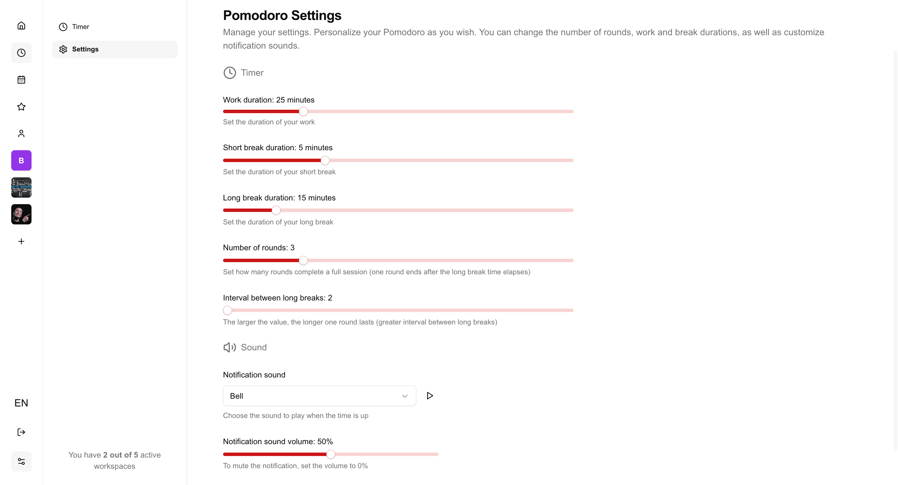 Pomodoro settings page - dark theme