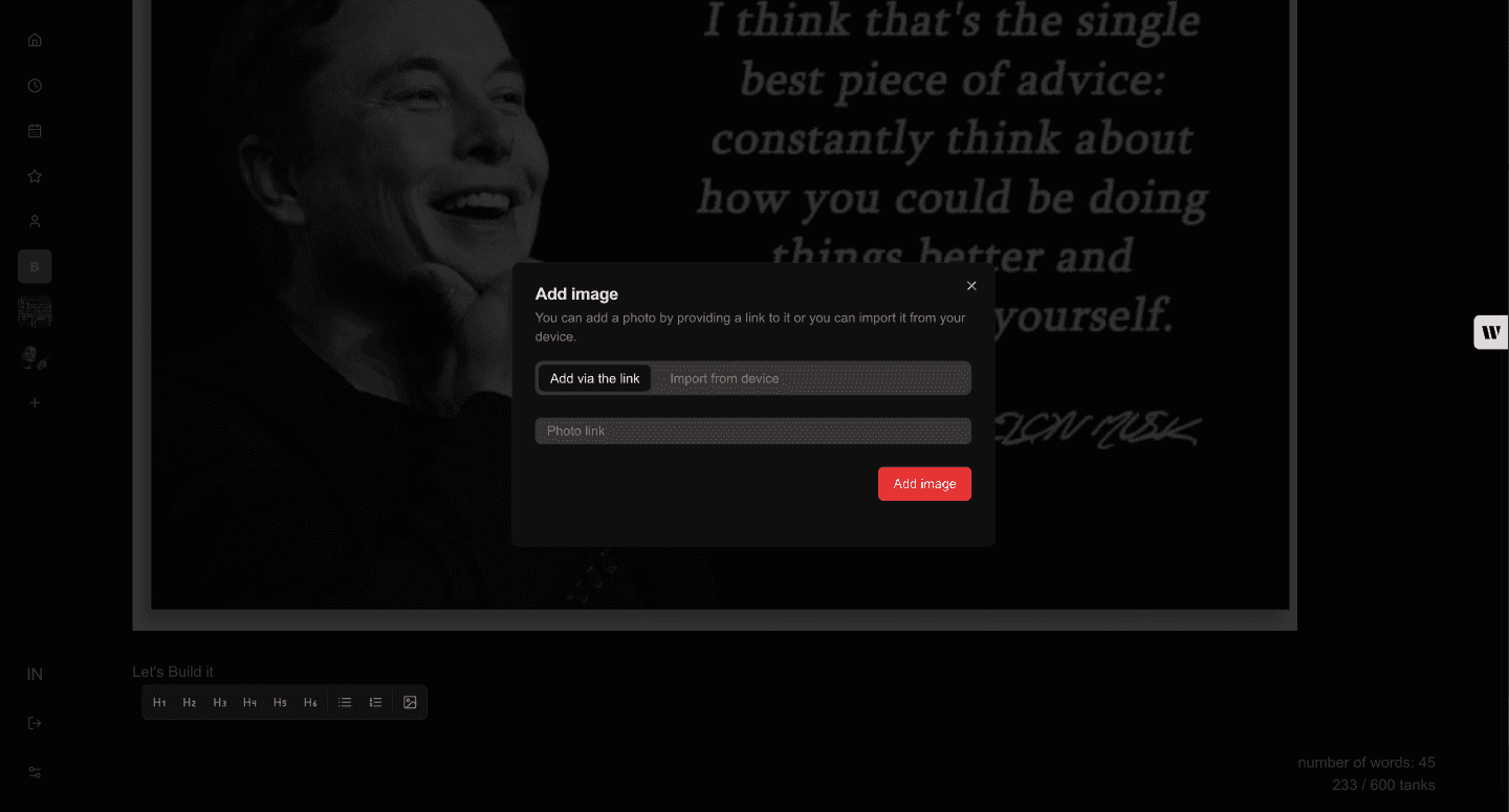 Task Content Add Image by link page - dark theme